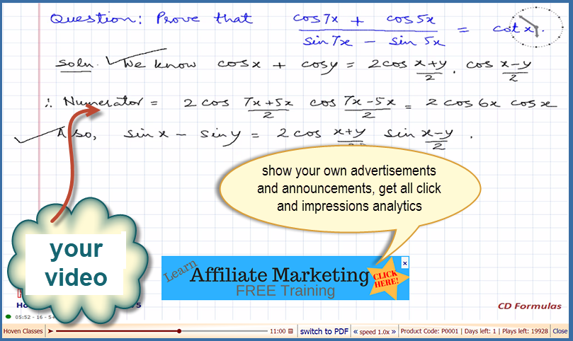 Screenshot showing ads and announcements inside the player