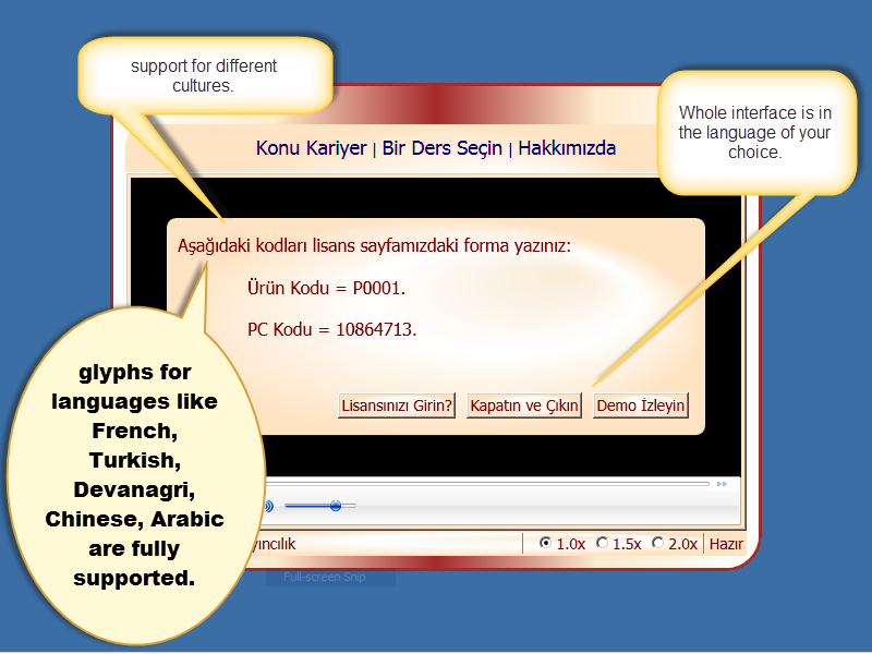 Screenshot of the player interface in another language